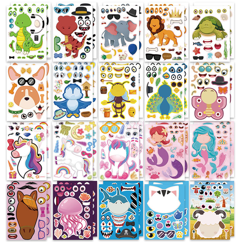 Zoo Party Games - 12/24 枚の顔ステッカー動物園動物海恐竜ギフトフェスティバル報酬アートクラフトパーティー記念品学校パズル DIY ゲーム
