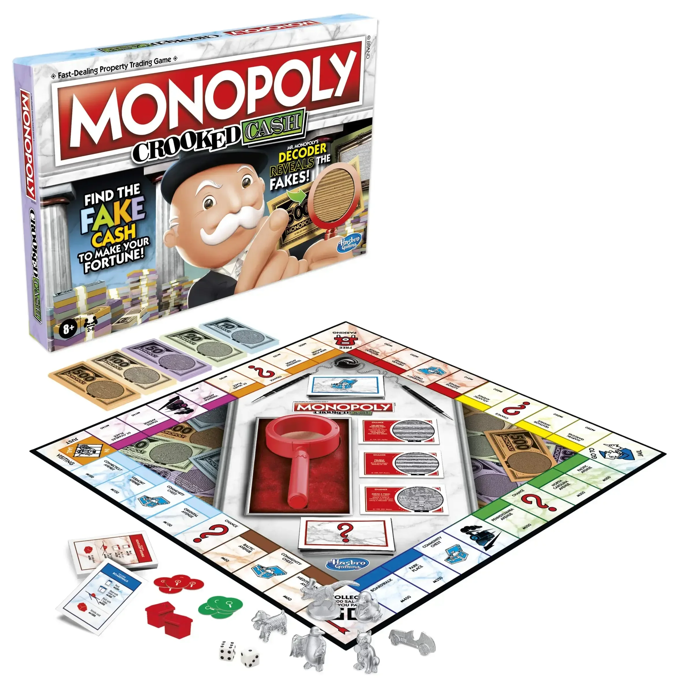 Hasbro Game Monopoly - ハスブロ モノポリー クルードキャッシュ ボードゲーム 家族向け ミスターデコーダーで偽物を見つけるゲーム